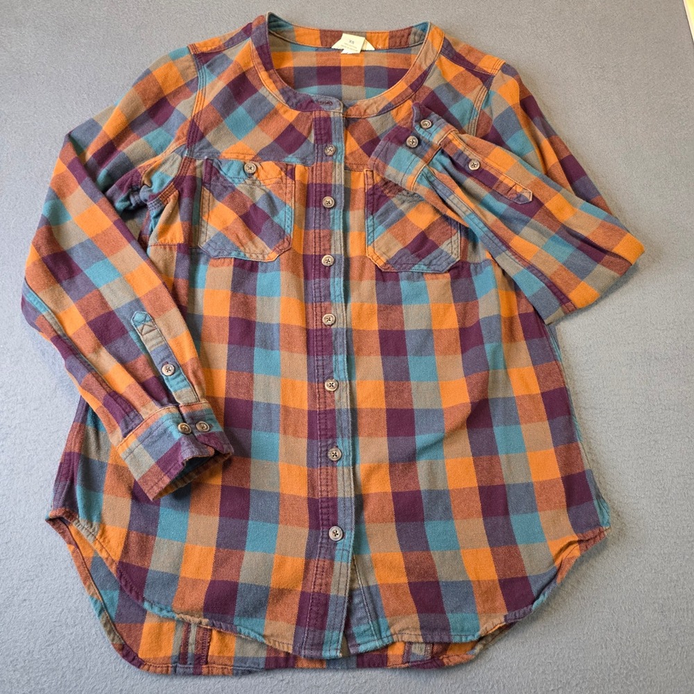 Duluth Trading Co Womens XS Plaid Flannel Shirt Collarless Button Down 3237-30